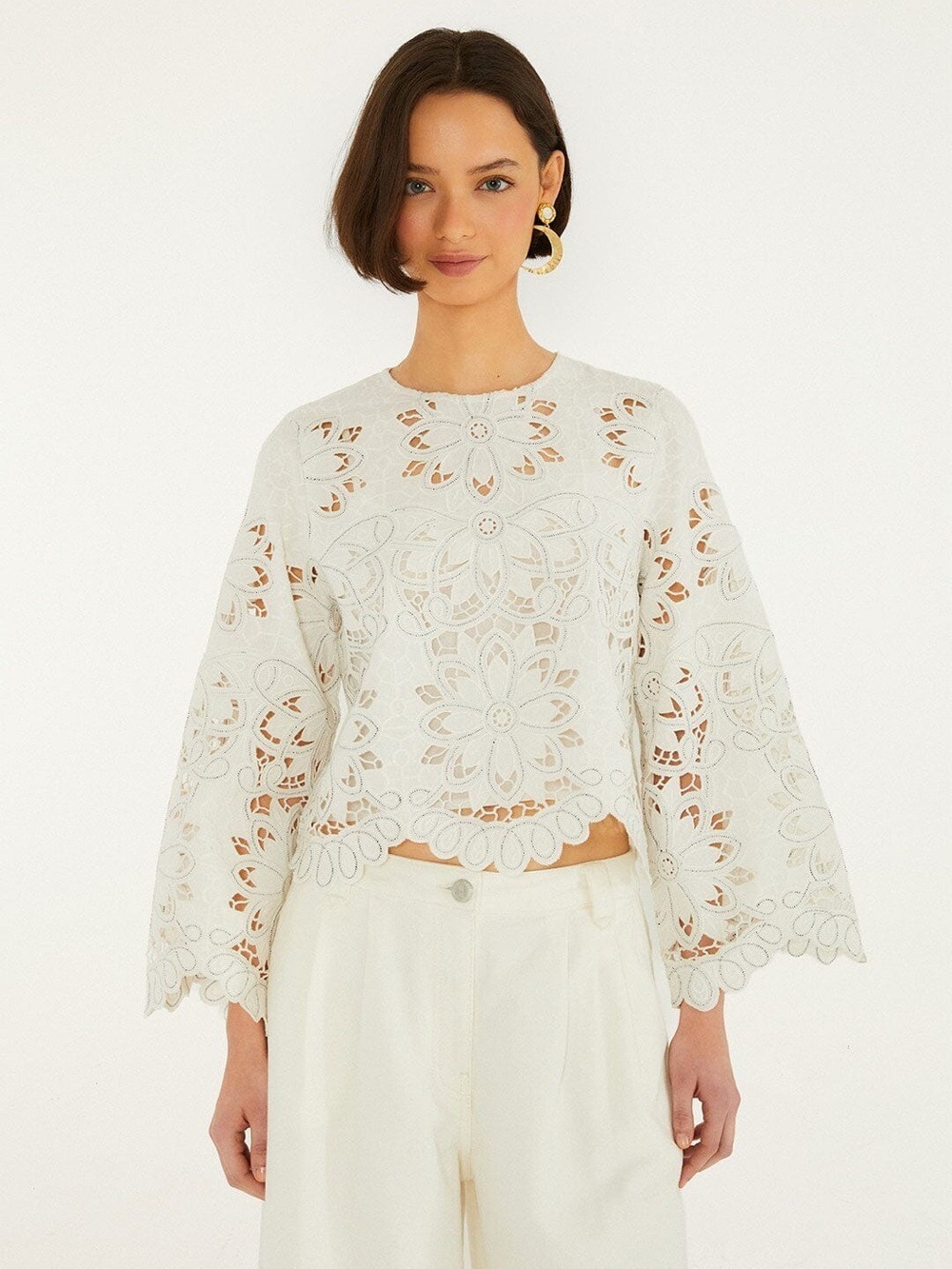 Farm Rio Off-White Flowers Richelieu Long Sleeve Blouse